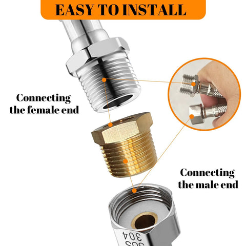 Close-up of two brass NPT reducer adapters, 3/4 in male to 1/2 in female