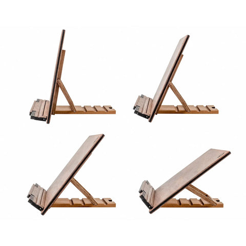Adjustable Walnut Wood Cookbook Stand Hands Free Reading For Kitchen Tablet Holder shown at multiple angles