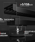 Close-up of 32 Inch Linear Shower Drain Rectangular Floor Drain With Accessories Capsule Pattern Cover Grate in matte black, showing thickness and adjustable feet details.