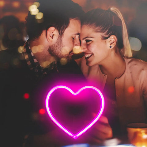 Couple with Pink Heart Neon Sign With Battery Or USB Power For A Romantic Mood And Cozy Vibes LED Heart Lights