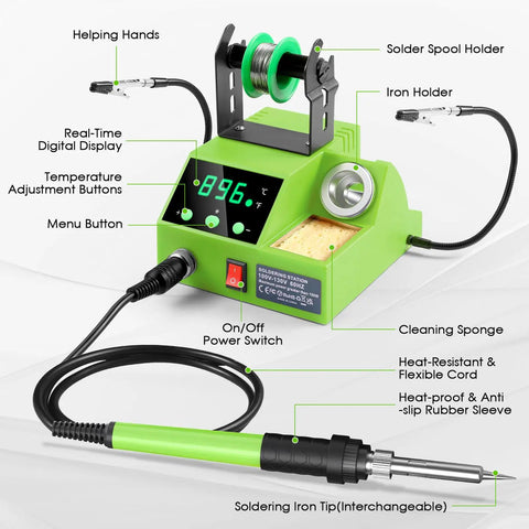 100W Digital Soldering Station Kit With 2 Helping Hands, Fast Heat, Big LED Display, Temperature Range 180 Celsius To 480 Celsius, Celsius Fahrenheit Conversion, Auto Sleep, Includes Solder Wire And Tools, Green