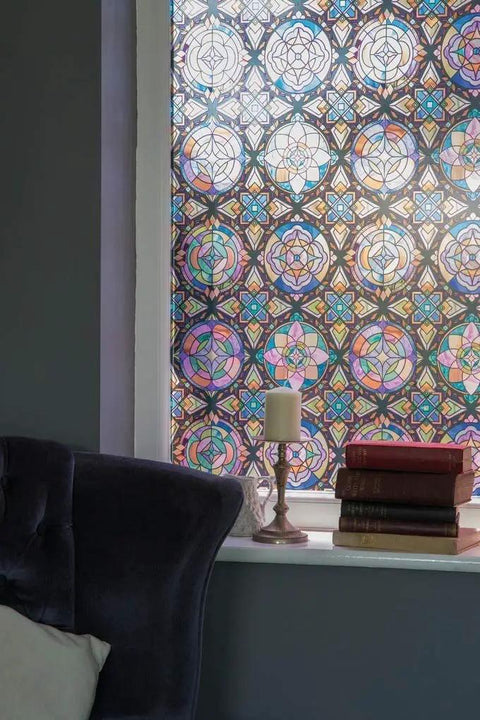 Lancaster Stained Glass Window Privacy Film With Static Cling Two Way Day And Night UV Blocking 95 Percent Removable