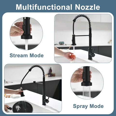 Glossy Black Touchless Kitchen Faucet With Pull Down Sprayer, Single Handle, showing stream and spray modes