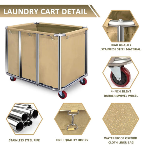 Heavy Duty Commercial Laundry Cart With Wheels Industrial Stainless Steel Linen Tote for Hotel Housekeeping with three compartments.