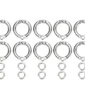 Set Of 10 Metal Bird Foot Rings With Easy Clip Openers For Small To Large Birds, arranged in two rows, silver alloy material.