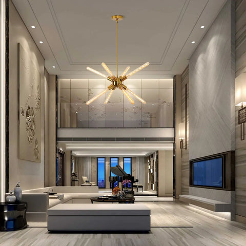 Sputnik Style Gold Flush Mount Chandelier with Eight E26 LED Tube Bulbs in modern living room, emphasizing luxurious decor
