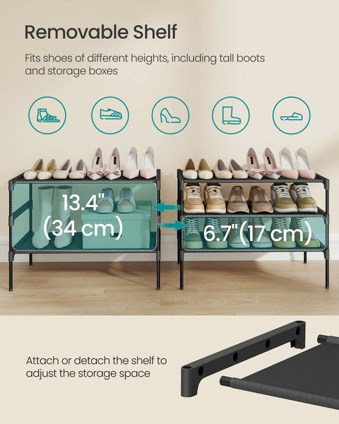Two Three Tier Shoe Rack Organizers with adjustable shelves for boots and boxes, showcasing black metal frame and fabric shelves.
