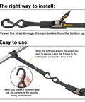 Installation guide for cam buckle tie down straps with S-hooks, highlighting secure attachment and easy use for motorcycles and cars.
