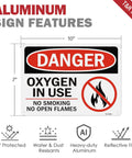 Rock Solid Oxygen In Use Safety Signs With No Smoking Warning 10X7 Inch Rust Free Aluminum Wall Placards displayed with features.