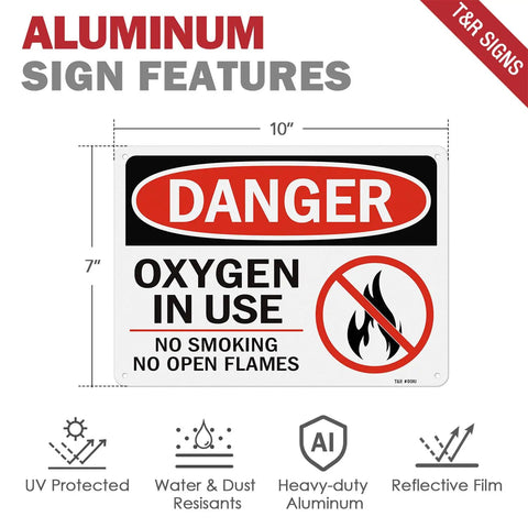Rock Solid Oxygen In Use Safety Signs With No Smoking Warning 10X7 Inch Rust Free Aluminum Wall Placards displayed with features.