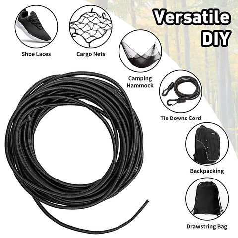 Elastic Cord One Eighth Inch Three Millimeter Heavy Duty Stretch Rope Ten Yards Ten Pack With Plastic Spring Locks For Sewing Crafting And DIY Projects Built To Last Waterproof Nylon Sleeve Black coiled with DIY uses.