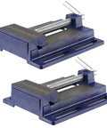 2 Pack 4 Inch Light Duty Drill Press Vise Blue Forged Iron Low Profile Bench Vise Clamp For Woodworking And Metalworking Rock Solid Grip For A Tight Hold On Drill Press Tables And Workbenches, two blue vises
