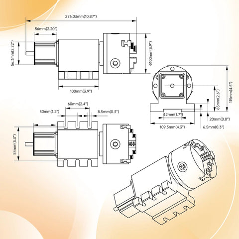 Detailed engineering diagram of Heavy Hitter CNC Router Fourth Axis Rotary Table with dimensions for precision milling.