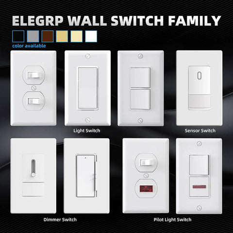 Image of multiple wall switch types including Dual Decorator Double Rocker Light Switch With Two Single Pole Paddles, 15A 120V In Wall On Off, Self Grounding, Wall Plate Included, UL Listed, Glossy White, 1 Pack.