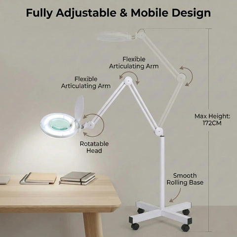 Premium 10X Magnifying Lamp With 6500K LED Light, Adjustable Arm, Rolling Base, shown with flexible articulating arm