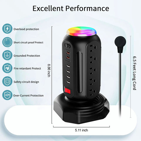 Dope Power Strip Tower With Colorful Nightlight 15 AC Outlets 6 USB Ports Retractable Extension Cord Black 21 In 1 Vertical