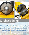 Heavy Duty 750 Watt Electric Pipe Threader Machine Half To Four Inch Threading Cutting And Reaming Badass Workhorse For Water Gas Or Electrical Conduits dual chuck design showing front and rear clamps for precision locking.