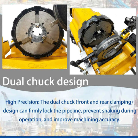 Heavy Duty 750 Watt Electric Pipe Threader Machine Half To Four Inch Threading Cutting And Reaming Badass Workhorse For Water Gas Or Electrical Conduits dual chuck design showing front and rear clamps for precision locking.