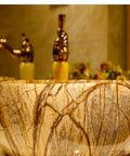 Ceramic Vessel Sink,16.5"x5.9"Round Vessel Sink Marbling Vessel Sink Bathroom Sinks with Faucets Combo, close-up of marbling detail.