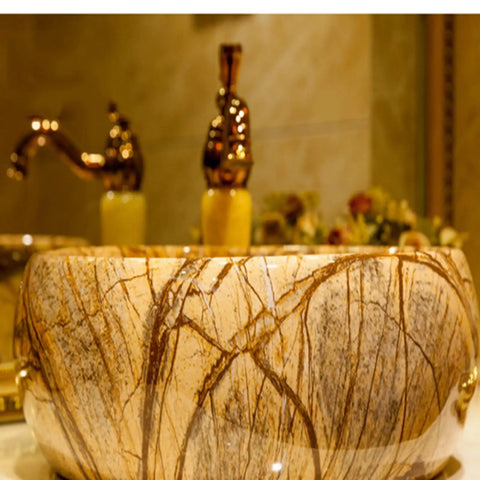 Ceramic Vessel Sink,16.5"x5.9"Round Vessel Sink Marbling Vessel Sink Bathroom Sinks with Faucets Combo, close-up of marbling detail.