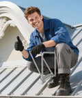 Roofer using Heavy Duty Standing Seam Lock Tool For Metal Roofs And Drip Edges, Fast And Clean Hemming For Roofers And Sheet Metal Pros.