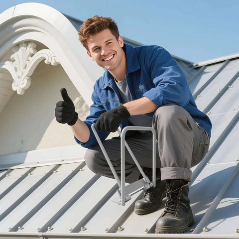 Roofer using Heavy Duty Standing Seam Lock Tool For Metal Roofs And Drip Edges, Fast And Clean Hemming For Roofers And Sheet Metal Pros.