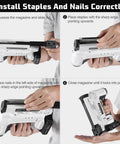 Hands demonstrating how to load staples and nails into a 20V Cordless Brad Nailer And Staple Gun 18 Gauge 2 In 1 for upholstery and carpentry.