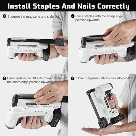 Hands demonstrating how to load staples and nails into a 20V Cordless Brad Nailer And Staple Gun 18 Gauge 2 In 1 for upholstery and carpentry.