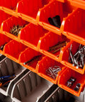 Close-up of Rolling Storage Bin Rack And Parts Organizer With Dual Sided Shelves 7 Tier Cart Pro Grade filled with hardware.