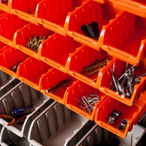 Close-up of Rolling Storage Bin Rack And Parts Organizer With Dual Sided Shelves 7 Tier Cart Pro Grade filled with hardware.