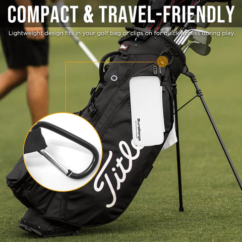 All In One Golf Glove Holder Case With Glove Shaper Portable Organizer attached to golf bag with carabiner