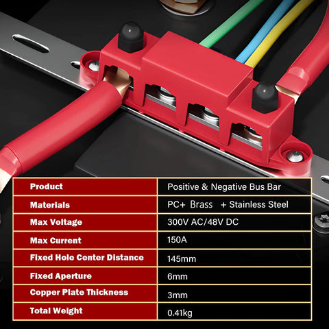 Heavy Duty Power Distribution Block 150A Bus Bar 12V To 48V Terminal Strip showing positive and negative connections.