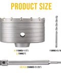 Four And A Half Inch Concrete Hole Saw Kit With Tungsten Carbide Teeth showing product size and SDS Plus bit shank