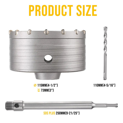 Four And A Half Inch Concrete Hole Saw Kit With Tungsten Carbide Teeth showing product size and SDS Plus bit shank