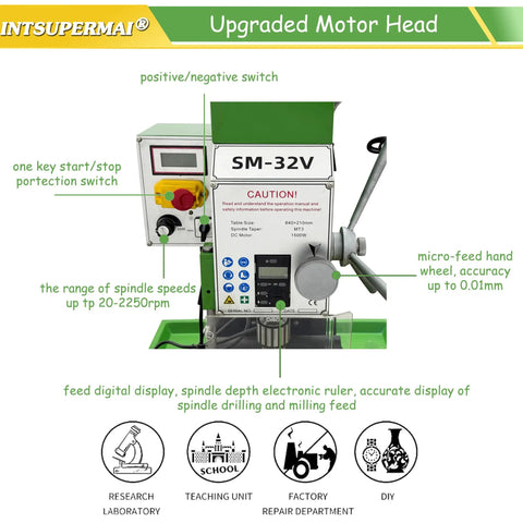 IntSupermai 1500W Brushless Vertical Mill Drill Machine with digital display and micro-feed wheel for precision engineering.