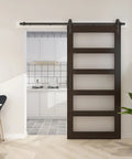 36 Inch By 84 Inch Glass Barn Door With 6.6 Foot Sliding Door Hardware Kit Included And Handle Five Panel Frosted Glass Solid Wood Slab With Waterproof PVC Surface For Privacy And Durability Pre Drilled For Easy Assembly Brown