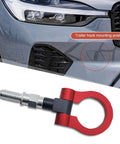 Red Alloy Car Front Bumper Tow Hook With Foldable Design, Rust Proof Recovery Ring for easy installation on vehicle bumper.
