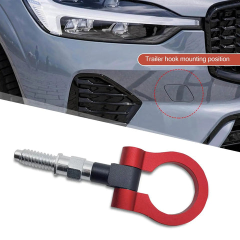 Red Alloy Car Front Bumper Tow Hook With Foldable Design, Rust Proof Recovery Ring for easy installation on vehicle bumper.