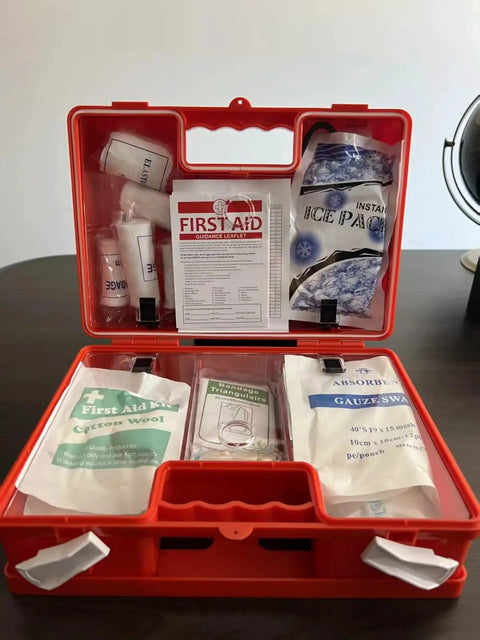 Open Heavy Duty Wall Mounted First Aid Kit Boss Grade for Worksites and Offices showing medical supplies in red case