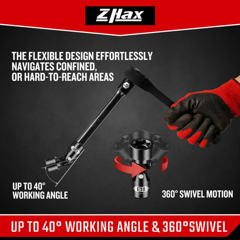 15-Piece E-Torx Swivel Socket Set With 1/4 In And 3/8 In Drives, Universal Joint, External Star Sockets E4 To E24, Built Tough From CR-V Steel, Includes 2 Adapters For Quick, Flexible Auto And Bike Projects. CR-V E18 swivel socket with 360° motion and 40° working angle.