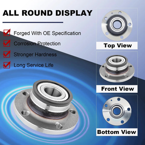 Rear Wheel Bearing And Hub Assembly Fits VW Beetle 12 19 32mm Bearing CC 09 17 FWD Golf 10 15 Passat 06 10 12 19 Passat CC Tiguan Audi Q3 15 18 TT 08 09 FWD, top, front, bottom view display with features