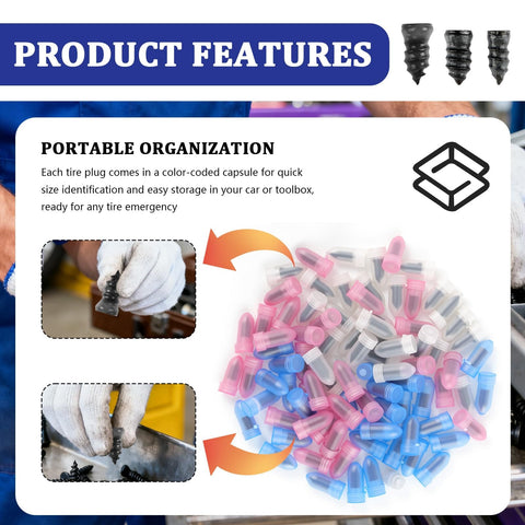Image showing 100 Piece Screw Tire Plug Kit With Screwdriver Three Sized Plugs For Quick Puncture Repair with color-coded plugs.