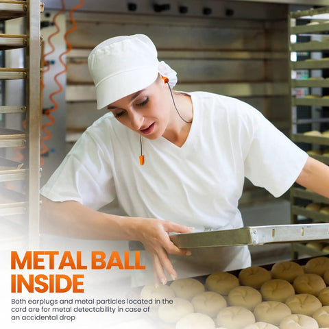 Worker in bakery wearing detectable foam earplugs 50 pairs NRR 32dB with detectable cord for food service industry.