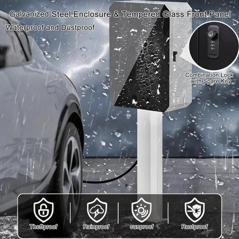Heavy Duty Outdoor EV Charger Enclosure With Pedestal Stand All Season Lock Box For Electric Cars in rain with combination lock.