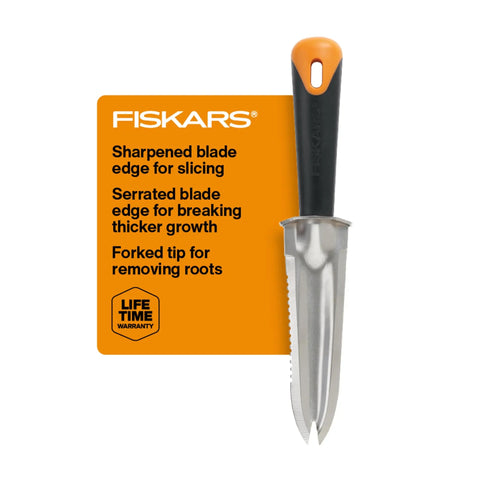 Steel Garden Knife Multi Purpose Weeding And Digging Tool with orange handle on package with description and warranty badge
