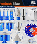 Top Shelf Diamond Core Drill Bit And Tile Hole Saw Kit Featuring Slick Segmented Blades For Precision Cutting Porcelain Ceramic Marble Granite Masonry Complete Multi Size Set With Quick Chamfer Tool For No Sweat Wet Or Dry Jobs - Sizes labeled on blue bits and tools, including various diameters in mm.