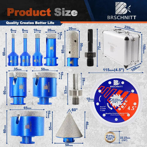 Top Shelf Diamond Core Drill Bit And Tile Hole Saw Kit Featuring Slick Segmented Blades For Precision Cutting Porcelain Ceramic Marble Granite Masonry Complete Multi Size Set With Quick Chamfer Tool For No Sweat Wet Or Dry Jobs - Sizes labeled on blue bits and tools, including various diameters in mm.