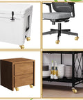 4 Piece Brass Stem Furniture Casters Set With Universal 360 Degree Swivel Wheels on cooler, chair, wood cabinet, and metal shelf.