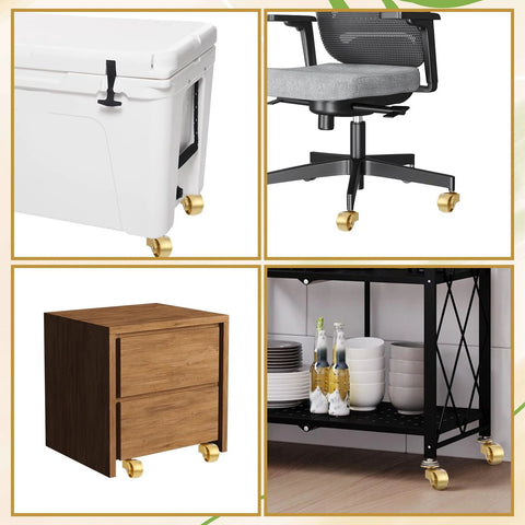 4 Piece Brass Stem Furniture Casters Set With Universal 360 Degree Swivel Wheels on cooler, chair, wood cabinet, and metal shelf.