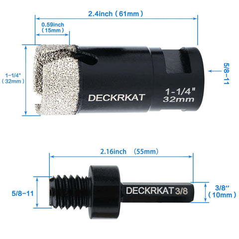 DeckRKAT diamond core drill bit, 1-1/4 in (32 mm) vacuum brazed hole saw with 5/8-11 thread and 3/8 in hex shank (side view)